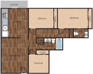 Floor plan for 3 beds, 1.5 baths, 1100 sqft